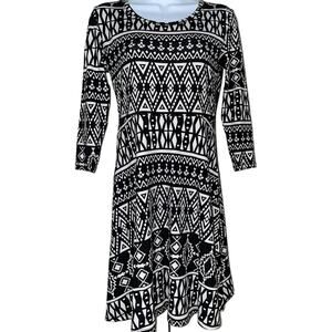 Deb 3/4 Sleeve Drop Waist Geometric Print Fit & Flare Dress Stretch Womens Sz M